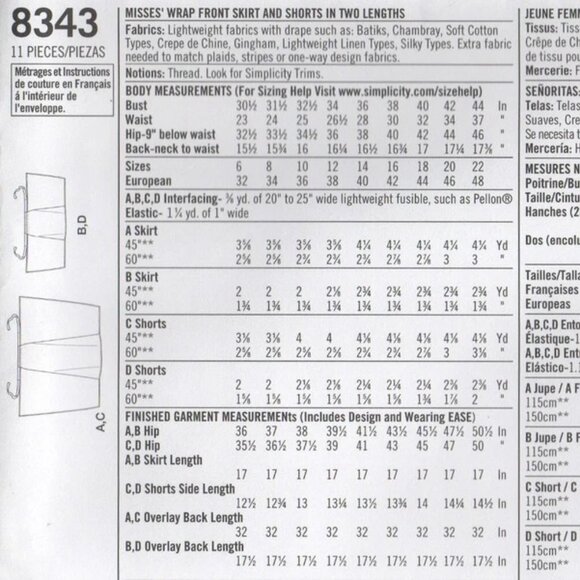 Simplicity Sewing Pattern 8343 Skirt Front Tie Wrap & Shorts Misses Size 6 - 14 - Picture 4 of 4